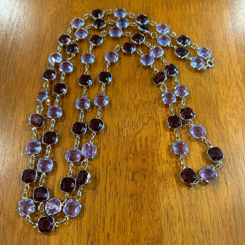 Vintage Long Layered Necklace 2 Tone Glass Acrylic Gems